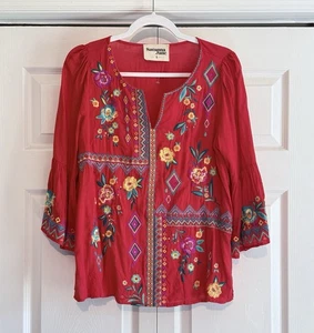 Tunica donna Savanna Jane rossa ricamata floreale boho piccola nuova senza etichette - Foto 1 di 5