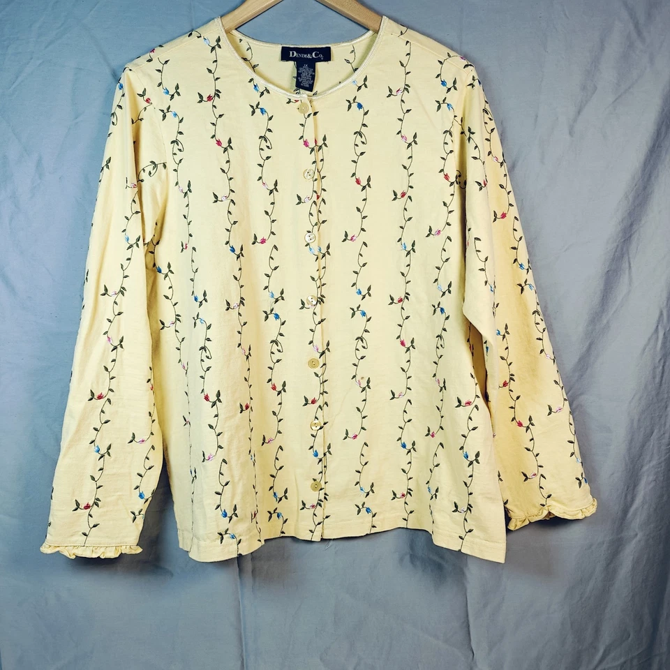 Denim & Co. Cárdigan con botones delanteros amarillo mantequilla bordado floral XL Foto 1 de 4