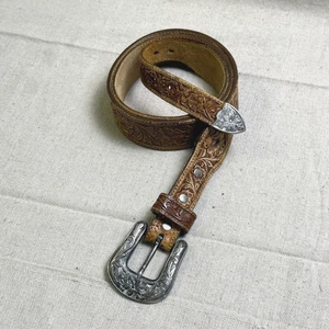 Vintage handbesetzter Gürtel Western Americana Leder silber gravierte Schnalle & Spitze 36" - Bild 1 von 9