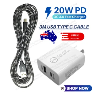 For Samsung S10 S9 20W PD QC3.0 Fast Wall Charger Power Adapter 3M USB-C Cable - Picture 1 of 14