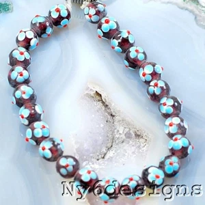 Lampwork Burgundy with Blue Flower Round 9mm Beads 22pcs(M83)a Free Shipping - Picture 1 of 1