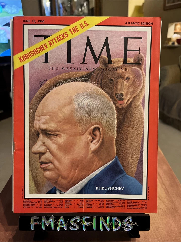 F1 1960 KHRUSCHCHEV Attacks The US June 13 TIME Magazine NO LABEL RUSSIAN BEAR - Image 1 of 1