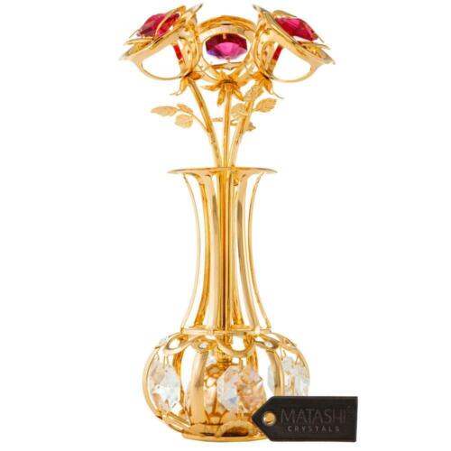 2 Set Matashi 24K Gold Plated Flowers Bouquet & Vase w Crystals Gift for Mom