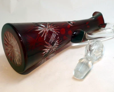 Bohemian Cut-to-Clear Ruby Red Glass Decanter With Faceted Stopper Wine - Image 1 of 4