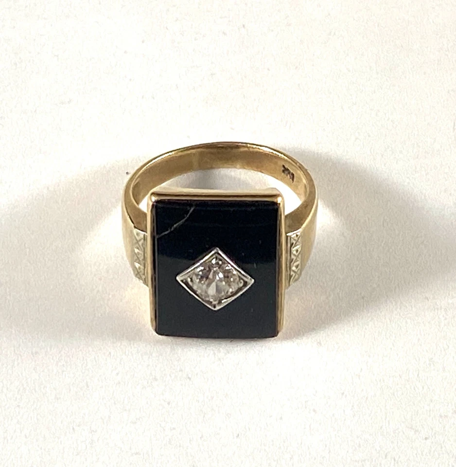 Sello de diamante vintage de oro amarillo de 10 quilates, ónix negro (0,75 quilates) para hombre RS: 11 euros corte Foto 1 de 4