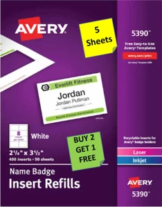 [5 hojas] Insertos de placa de nombre de cartulina blanca Avery 5390 LÁSER/INYECCIÓN DE TINTA B2G1 - Imagen 1 de 1