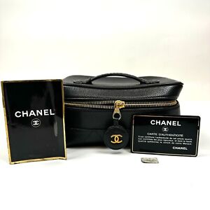 CHANEL Vanity Cosmetic Pouch Caviar Skin Bicolore Black CC #10133