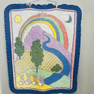Quilted Baby Blanket Comforter Abstract Rainbow Bunnies Calico Rickrack Blue Vtg - Picture 1 of 11