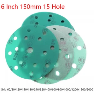 6" 15 Hole Wet & Dry Sandpaper Polyester Film Green Hook & Loop Sand P40-P2000 - Picture 1 of 22