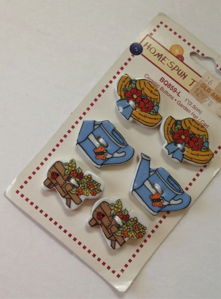6 Homespun Traditions CERAMIC BUTTONS Garden Hats Carts Watering Cans (1 broken) - Image 1 of 1