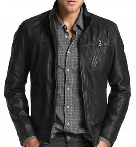Chaqueta simple de cuero de oveja genuino negra para hombre para motocicleta - Imagen 1 de 3