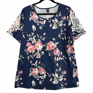 Womens Blouse Top Large L Blue Pink Red Green Floral Roses Lace Arms Slinky EC - Picture 1 of 8