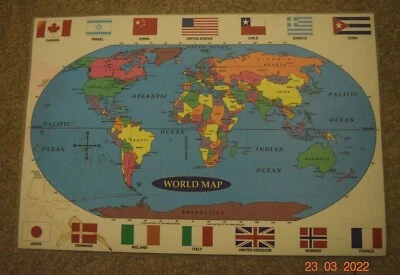 CHILDREN'S WORLD MAP And ACTIVITY, PLASTIC PLACE MAT, (12" x 17.5"). Pre-Owned - Image 1 of 3