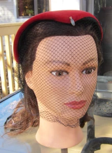 VTG 1940' Renaissance Red Velvet Hat w/Black Full Net & Rhinestone - Picture 1 of 10