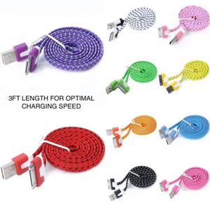 FLAT BRAIDED 3FT fabric charge cable cord nylon FOR iphone 4 4s & ipod data sync - Picture 1 of 12