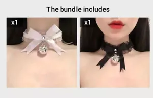 Gothic Lolita choker necklace Set (2 pieces) black-and-white bow bell charm - Picture 1 of 3