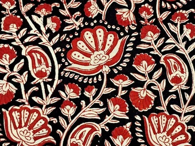 Black Red Block Print By the Yard Indian Fabric for Sewing Dressmaking Floral - Image 1 of 4