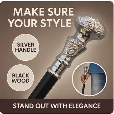 Antique Victorian Walking Cane Silver Handle Black Wood Stick for Men Women - Image 1 of 4