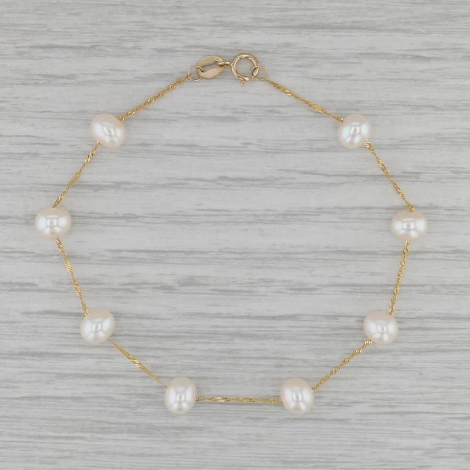 Pulsera Estación Perla Cultivada Oro Amarillo 14k 6.75" Cadena Singapur Foto 1 de 4