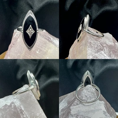 Anillo vintage de ónix y diamantes de oro blanco de 10 k talla 5,5 Foto 1 de 4