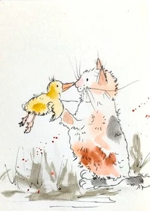 NEW! ACEO Watercolor Painting big CAT duck Funny Original Art card signed - Picture 1 of 5