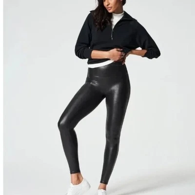 SPANX Shiny Black Faux Leather High-Waisted Leggings size M - Image 1 of 4