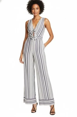 NUEVO CON ETIQUETAS ALICE + OLIVIA Laurice en Zafiro Blanco Rayas Recorte Corbata Frontal Mono 0 Foto 1 de 4