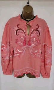 FLORAL EMBROIDORED KAFTAN BLOUSE TOP by RIVER ISLAND UK 16 VGC CORAL WORN ONCE - Picture 1 of 14