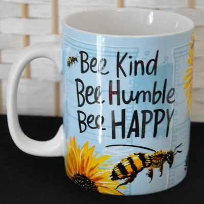 Primitives By Kathy Bumble Bee Mug Sunflowers Blue Yellow Bee Kind Humble Happy - Image 1 of 4