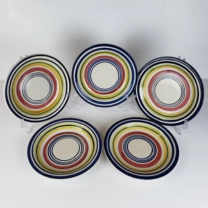 Pier 1 Stoneware Cabana 7.5 Inch Salad Plates Blue Green Pink Yellow Circles - Picture 1 of 4