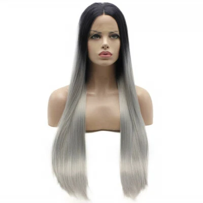 Perucas ombre longas retas cinza raiz preta meia mão amarradas frente de renda amigável ao calor - Imagem 1 de 4