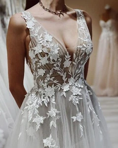 Summer Spitze Brautkleid Hochzeitskleid Träger Tüllrock Transparent Rückenfrei - Bild 1 von 6