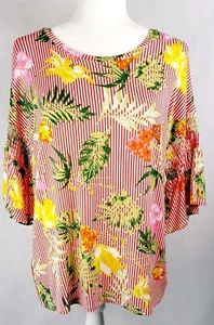 HARLOW & ROSE WHITE PRINTED WOMEN BLOUSE SHORT RUFFLE SLEEVES CREW NECK 1187B-M - Picture 1 of 12