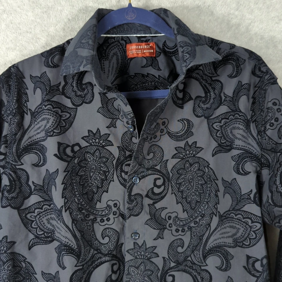 Consequence Velvet Embossed Paisley AOP Shirt Mens M Club Night Out Navy Retro - Image 1 of 4