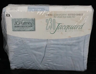 J C PENNEY JACQUARD LIGHT BLUE 230 COUNT 100% COTTON TWIN SHEET SET NEW WITH TAG - Image 1 of 2