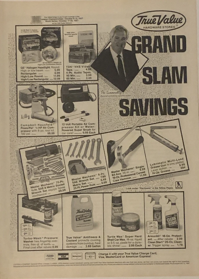 Anuncio impreso True Value Hardware 1987 Pat Summerall de colección años 80 Grand Slam ahorros Foto 1 de 4