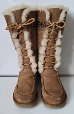 UGG Tularosa Tall Moccasin Style Fur-Lined Boots Women 9 EU 40 Brown Sheepskin - Image 1 of 4