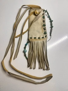 Old Native American Leather Medicine Pouch Handmade Turquoise Glass Beads Fringe - Picture 1 of 7