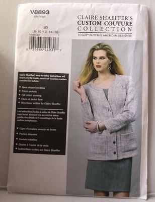 Vogue 8893  Pattern Collarless Jacket /Patch Pockets Claire Shaeffer Sz 8-16 U/C - Image 1 of 3