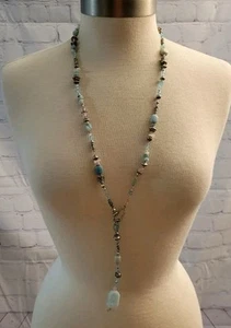 COOKIE LEE Silver Tone Blue Green Pink Gemstone Crystal Lariat Necklace 35"  - Picture 1 of 7