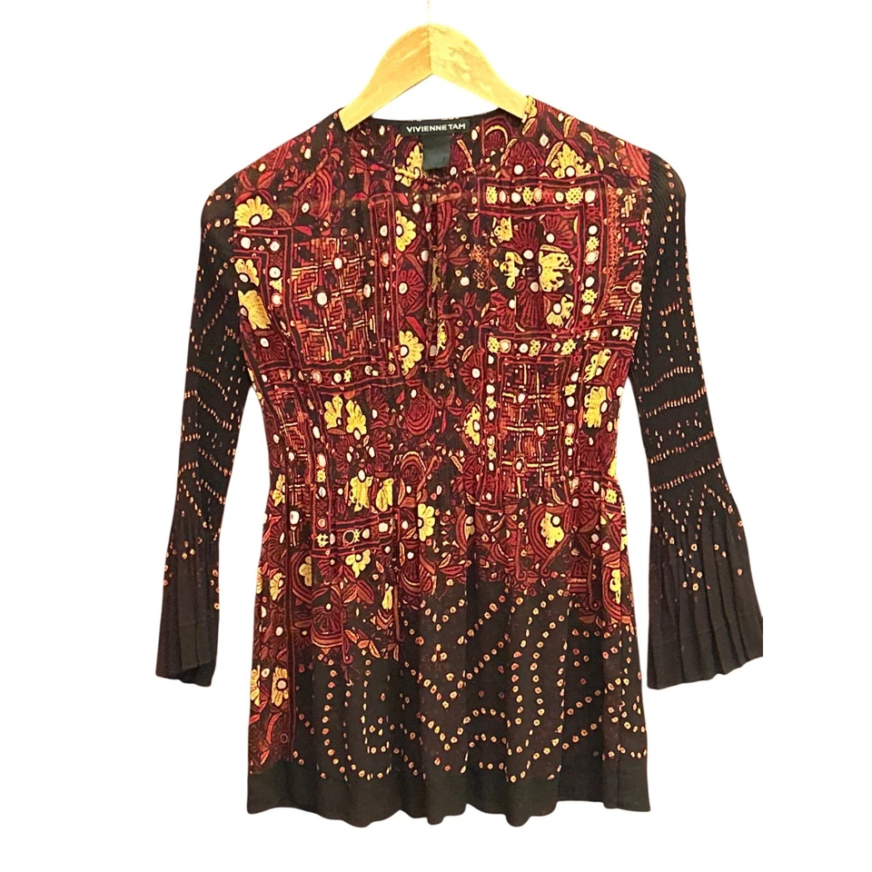 Blusa 2K Vivienne Tam Roja Dorada Fallcore Bohemia Floral Manga Plisada Blusa Foto 1 de 4