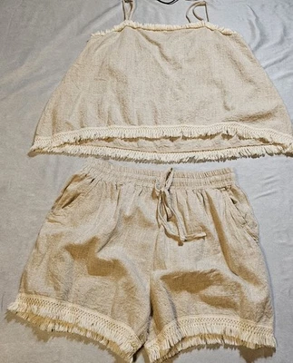 Women 2-Piece Short/Tank Set Boho Hippie Fringe Earth Tones Casual Comfort SZ L - Image 1 of 4