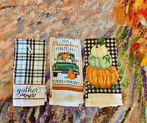 Fall Kitchen Towel Set Of 3 Pumpkins Hello Fall Gather 14x24 New Autumn - Picture 1 of 1