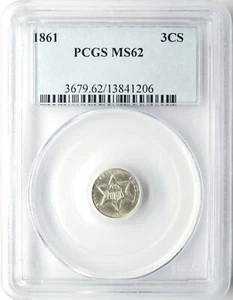 1861 THREE CENT SILVER PIECE 3CS PCGS MS 62 - Picture 1 of 2
