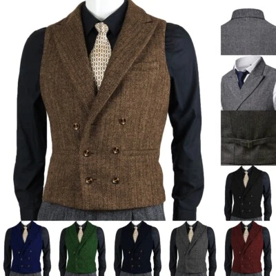 Men Double-Breasted Tweed Vest Herringbone Waistcoat Wedding Vintage Wool Lined - Photo 1/4