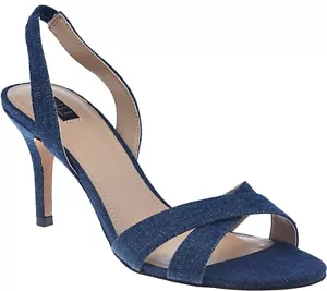 NUEVO EN CAJA G.I.L.I. Sandalias de tacón GILI talla 9,5 Loren azul marino denim cruzadas - Imagen 1 de 10