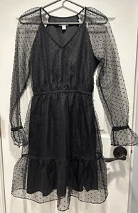 Bar III sz small black lace overlay a-line cocktail dress long sleeve Polka dot - Picture 1 of 10