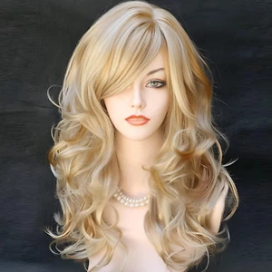 Women'S Long Curly Body Wavy Heat Resistant Blonde with Highlights Wig Synthetic - Picture 1 of 12