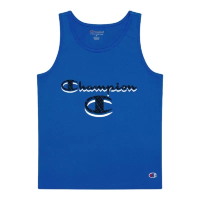 Camiseta sin mangas Champion® Halftone Script talla grande para niños en azul Foto 1 de 4