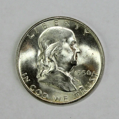 1950 D Franklin Half Dollar Near FBL Great Luster! Silver 50c Coin UNC BU MS Cover